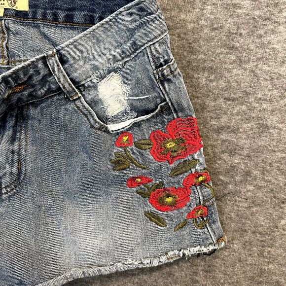 WAYAN | Raw Edge Denim Jean Shorts Floral Embroidery L/G Waist 27 Daisy Dukes - Picture 2 of 12